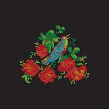 Embroidered bird, cross stitch pattern, floral ornament, vector illustration. Stockillustratie