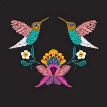 Embroidered design elements with flowers and tropical bird Stock Illustration