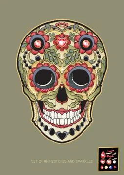 Embroidered patch with a floral patterned human skull Stock Illustration