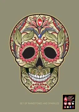 Embroidered patch with a floral patterned human skull Stock Illustration