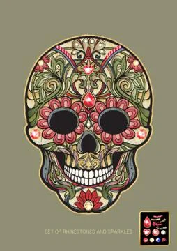 Embroidered patch with a floral patterned human skull Stock Illustration