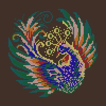 Embroidered peacock, cross stitch pattern of beautiful bird, vector illustration 스톡 일러스트