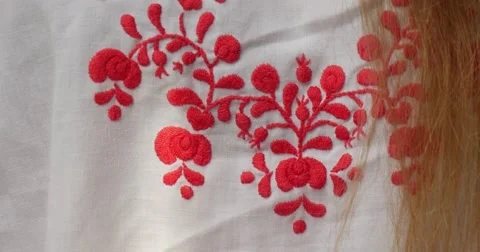 Embroidered Red Pattern On White Woman's Shirt Necklace Woman In John Paul II Stock Footage 54327522