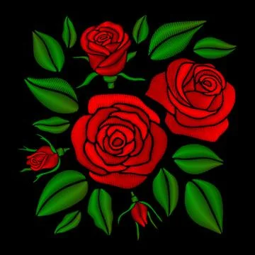 Embroidered red rose flowers vector set Stock Illustration