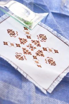 Embroidered table covers, handmade Stock Photos