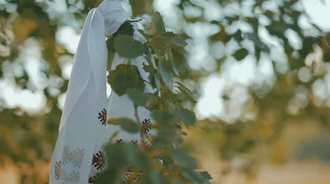 Embroidered towels hanging on a tree branch Stock Footage 67987727