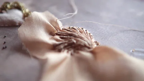 .The embroiderer at work. Couture embroidery of the half shell Stock Footage 146264474