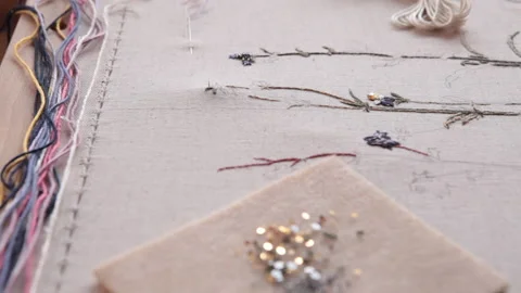 .The embroiderer at work. Demonstration of embroidery techniques Stock Footage 146268839