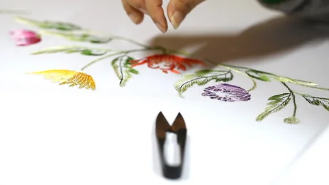 Embroidering a picture with silk thread close-up Stock Footage 123670876
