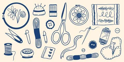 Embroidery and sewing hand-drawn kit Stock Illustration
