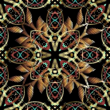 Embroidery baroque 3d vector seamless pattern. Colorful floral grunge background Illustrazione stock