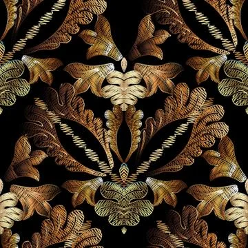 Embroidery baroque vector seamless pattern. Gold floral grunge dark backgroun Illustrazione stock