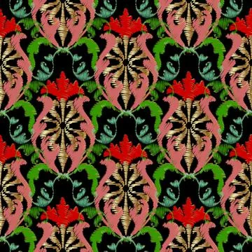 Embroidery baroque vector seamless pattern. Colorful floral grunge background Stock Illustration