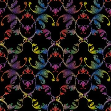 Embroidery baroque vector seamless pattern. Colorful floral grunge background Illustrazione stock