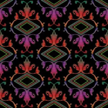 Embroidery baroque vector seamless pattern. Colorful floral grunge background Stock Illustration