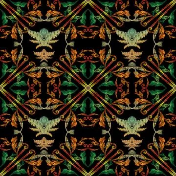 Embroidery Baroque vector seamless pattern. Colorful floral grun Stock Illustration