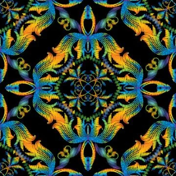 Embroidery Baroque vector seamless pattern. Colorful floral grun Stock Illustration