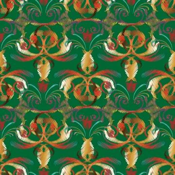 Embroidery baroque vector seamless pattern. Green floral backgro Stock Illustration