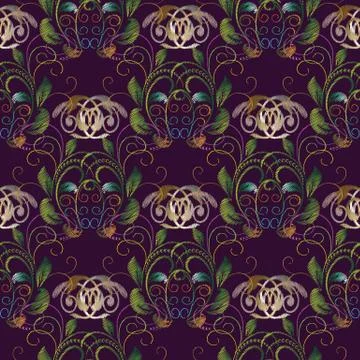 Embroidery baroque vector seamless pattern. Violet floral backgr Stock Illustration