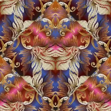 Embroidery baroque vector seamless pattern. Colorful floral grun Stock Illustration