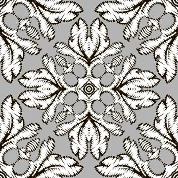 Embroidery Baroque vector seamless pattern. Floral monochrome Damask background 스톡 일러스트