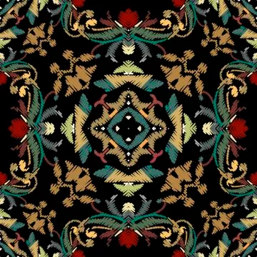 Embroidery baroque vector seamless pattern. Colorful floral grunge background 스톡 일러스트