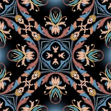 Embroidery baroque vector seamless pattern. Colorful floral grunge background 스톡 일러스트