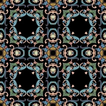 Embroidery baroque vector seamless pattern. Colorful floral grunge background Illustrazione stock