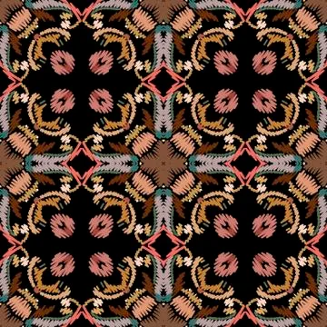 Embroidery baroque vector seamless pattern. Colorful floral grunge background イラスト素材