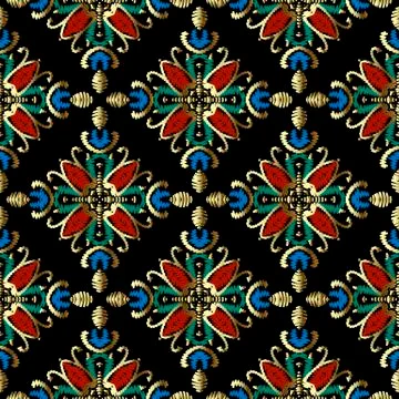 Embroidery Baroque vector seamless pattern. Colorful floral grunge background Illustrazione stock