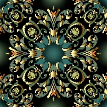 Embroidery Baroque vector seamless pattern. Glowing floral grunge background イラスト素材