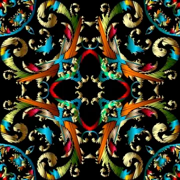 Embroidery Baroque vector seamless pattern. Colorful floral grunge background イラスト素材