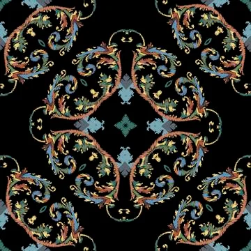 Embroidery Baroque vector seamless pattern. Colorful floral grunge background Stock Illustration