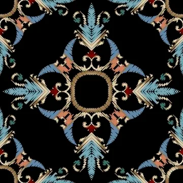 Embroidery Baroque vector seamless pattern. Colorful floral grunge background Illustrazione stock