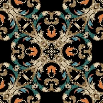 Embroidery Baroque vector seamless pattern. Colorful floral grunge background 스톡 일러스트