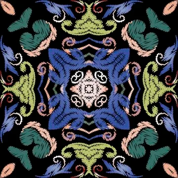 Embroidery Baroque vector seamless pattern. Colorful floral grunge background Stock Illustration