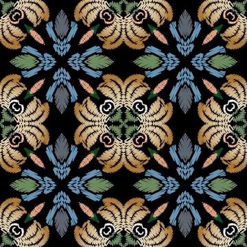 Embroidery Baroque vector seamless pattern. Colorful floral grunge background Stock Illustration