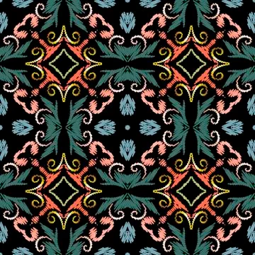 Embroidery Baroque vector seamless pattern. Colorful floral grunge background 스톡 일러스트
