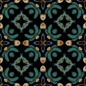 Embroidery Baroque vector seamless pattern. Colorful floral grunge background Stock Illustration