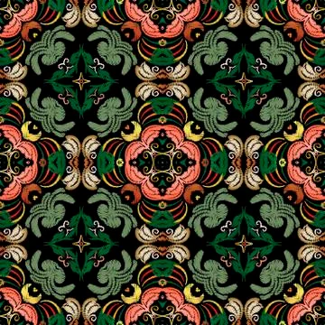 Embroidery Baroque vector seamless pattern. Colorful floral grunge background Stock Illustration