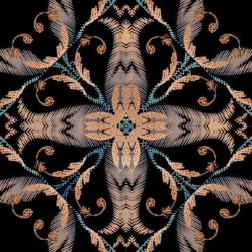 Embroidery Baroque vector seamless pattern. Colorful floral grunge background 스톡 일러스트