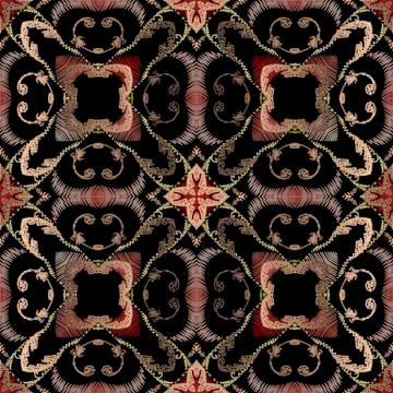 Embroidery Baroque vector seamless pattern. Colorful floral grunge background Stock Illustration