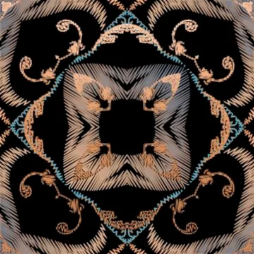 Embroidery Baroque vector seamless pattern. Colorful floral grunge background 스톡 일러스트