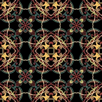 Embroidery baroque vector seamless pattern. Colorful floral grunge background Stock Illustration