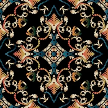 Embroidery baroque vector seamless pattern. Colorful floral grunge background Stock Illustration