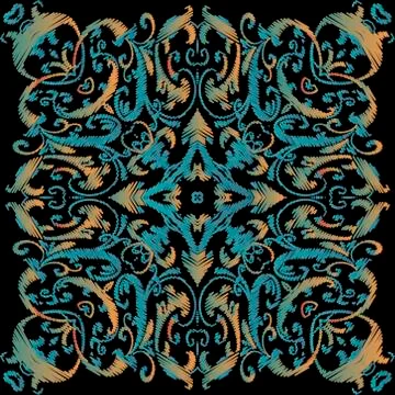 Embroidery baroque vector seamless pattern. Colorful floral grunge background Stock Illustration