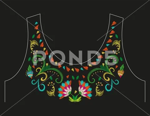 Embroidery colorful neck line floral pattern with exotic flowers. Stock Illustration
