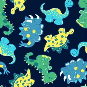 Embroidery dinosaurs in a seamless pattern Stock Illustration