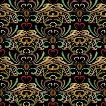 Embroidery floral vector seamless pattern. Tapestry colorful damask ornaments Stock Illustration