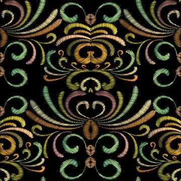 Embroidery floral vector seamless pattern. Tapestry colorful dam Stockillustratie